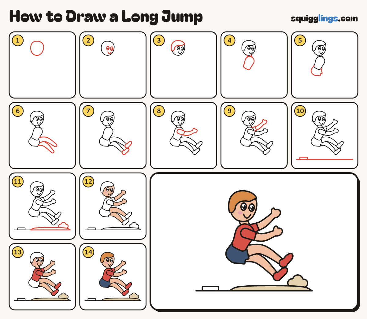 How to Draw a Long Jump step by step: all 14 steps in one picture