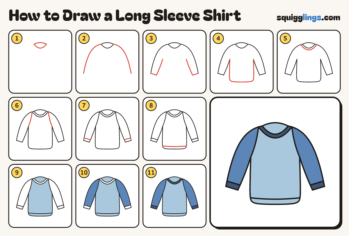 How to Draw a Long Sleeve Shirt step by step: all 11 steps in one picture