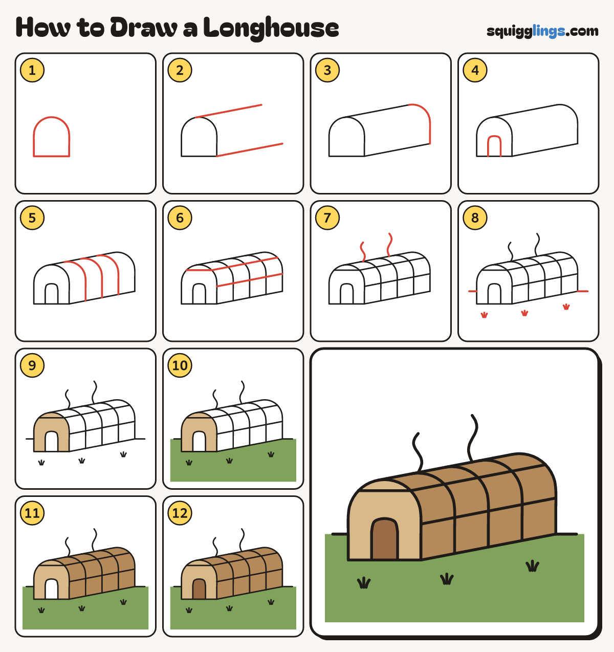 How to Draw a Longhouse step by step: all 12 steps in one picture