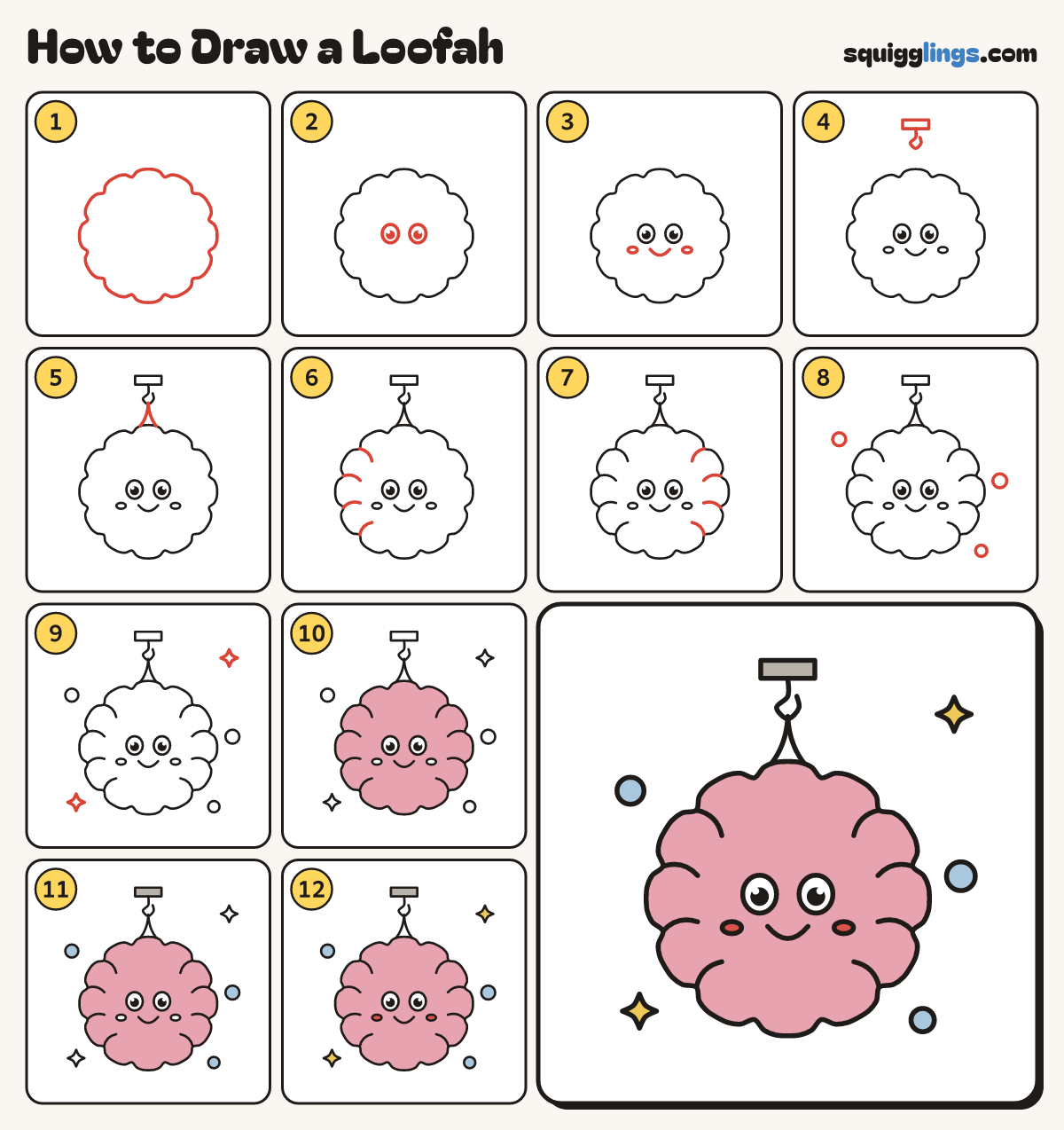 How to Draw a Loofah step by step: all 12 steps in one picture