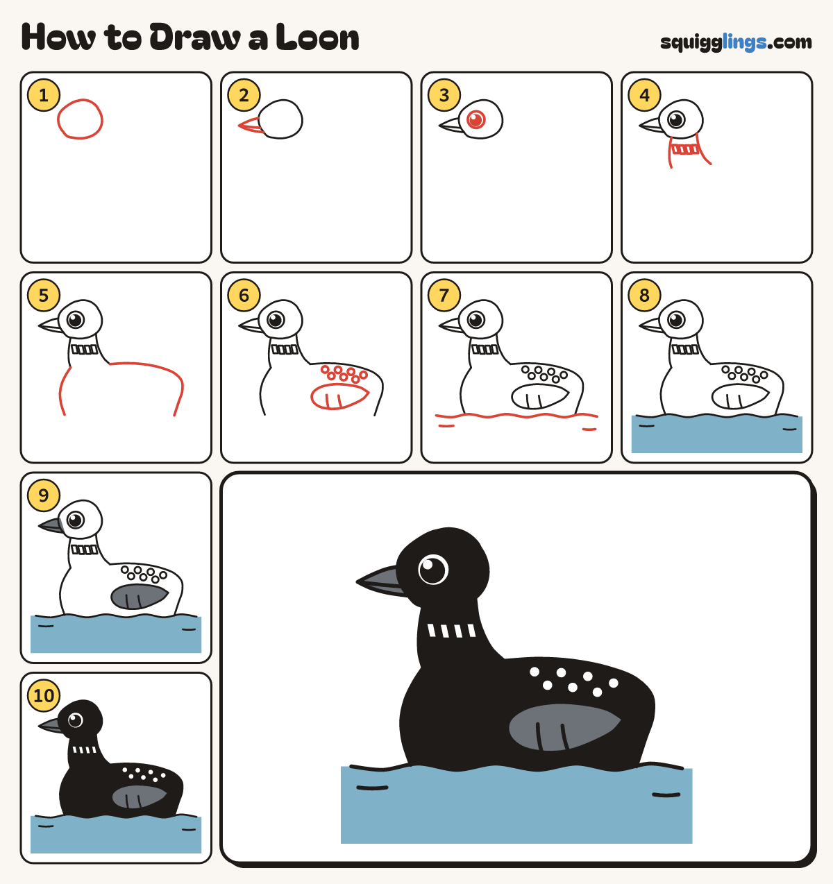 How to Draw a Loon step by step: all 10 steps in one picture