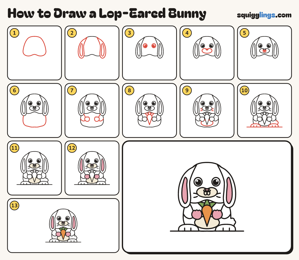 How to Draw a Lop-Eared Bunny step by step: all 13 steps in one picture