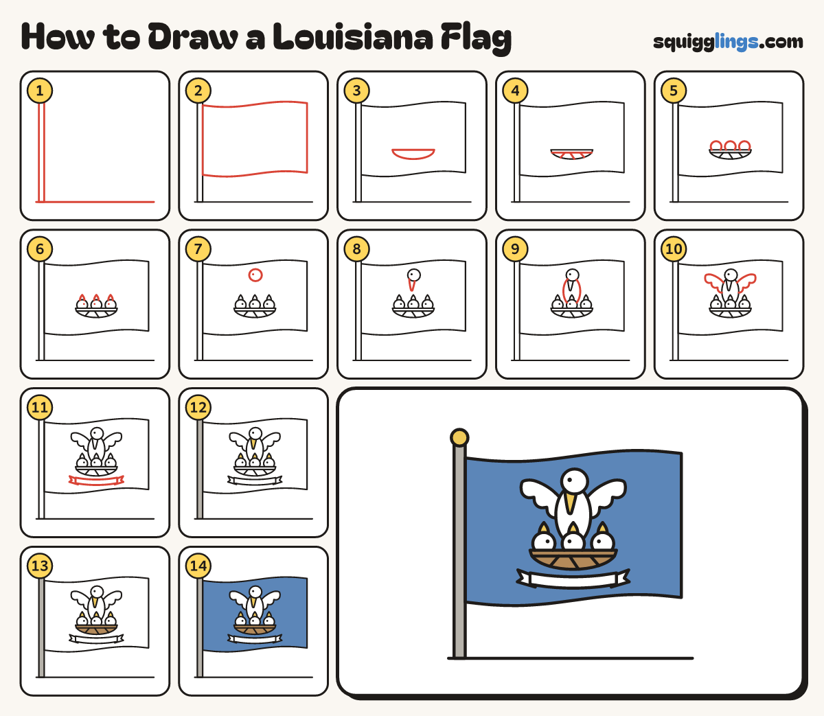 How to Draw a Louisiana Flag step by step: all 14 steps in one picture
