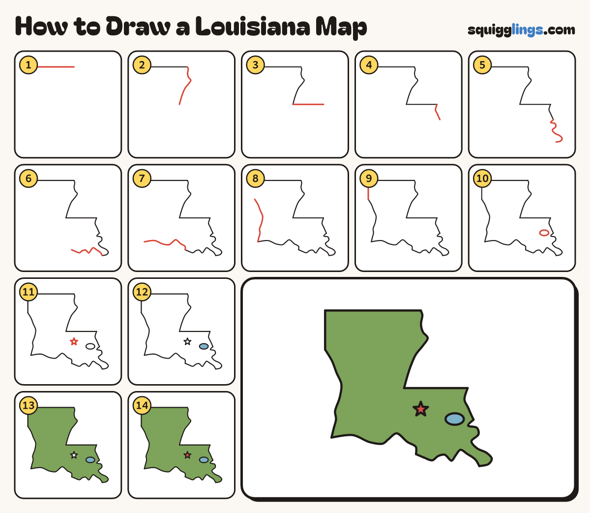 How to Draw a Louisiana Map step by step: all 14 steps in one picture