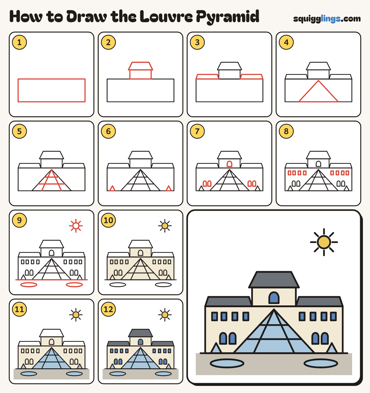 How to Draw the Louvre Pyramid step by step: all 12 steps in one picture