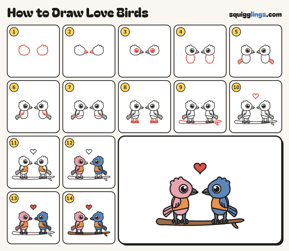 How to Draw Love Birds step by step: all 14 steps in one picture