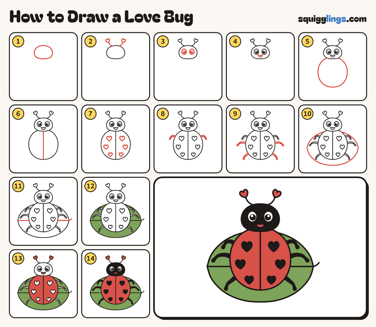 How to Draw a Love Bug step by step: all 14 steps in one picture