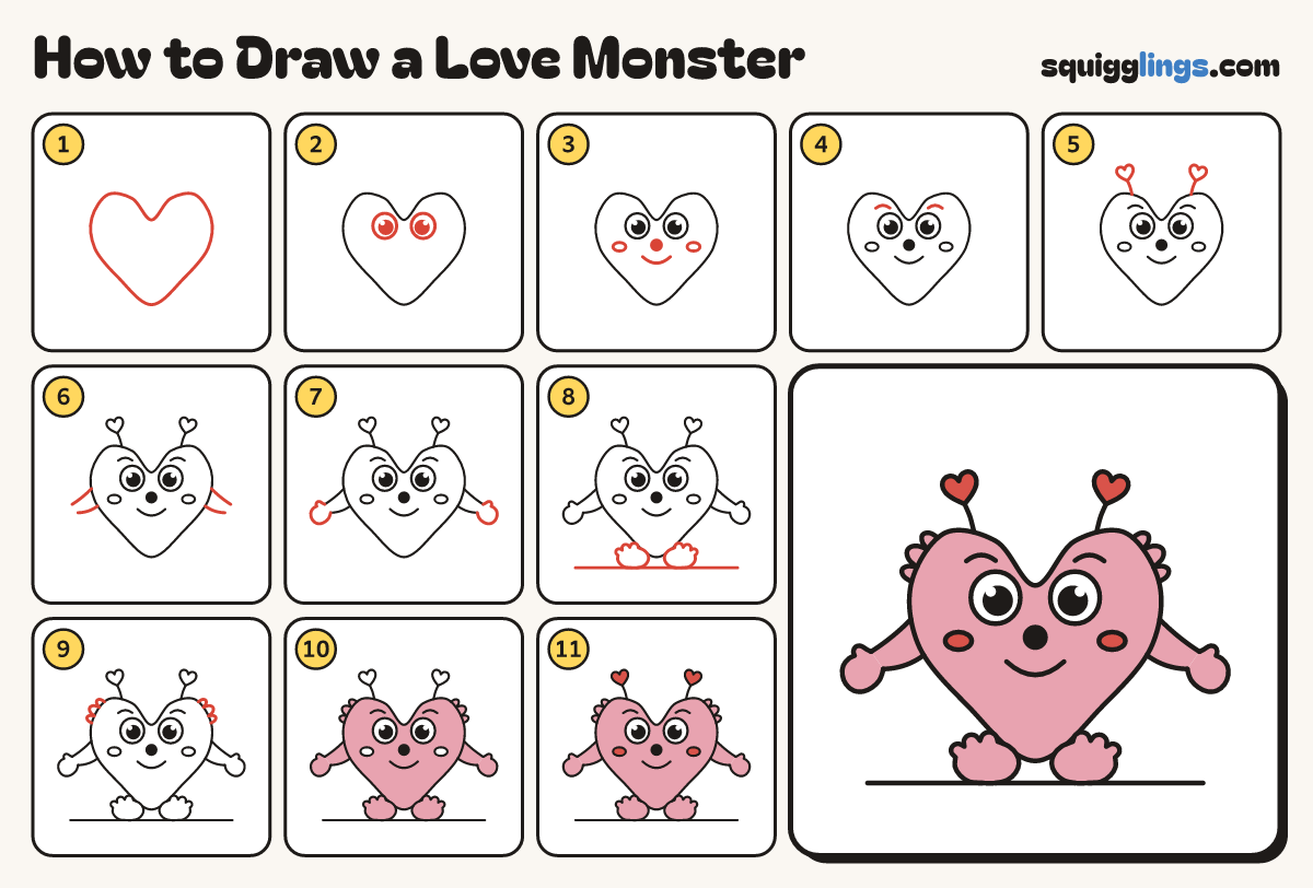 How to Draw a Love Monster step by step: all 11 steps in one picture