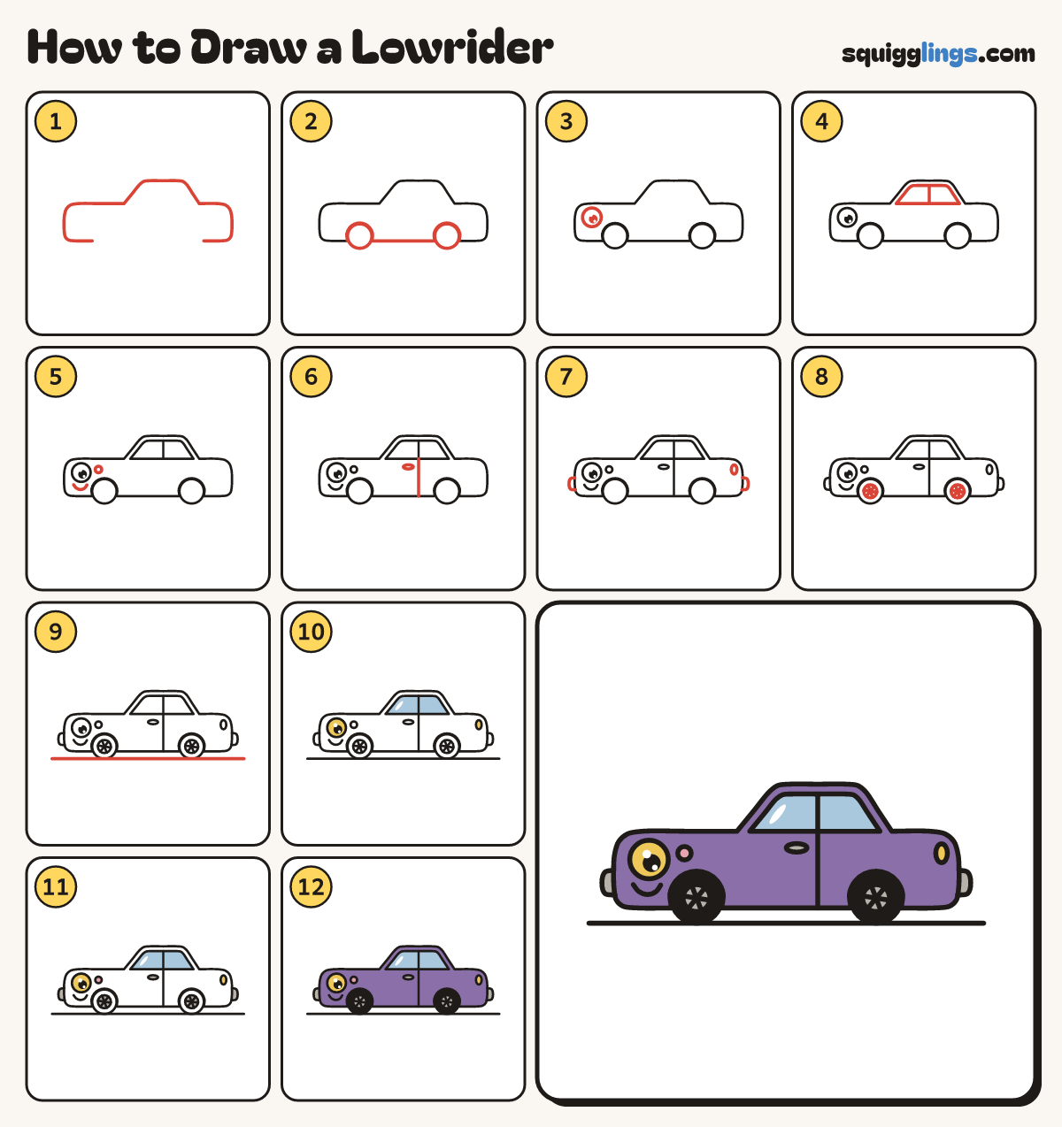 How to Draw a Lowrider step by step: all 12 steps in one picture