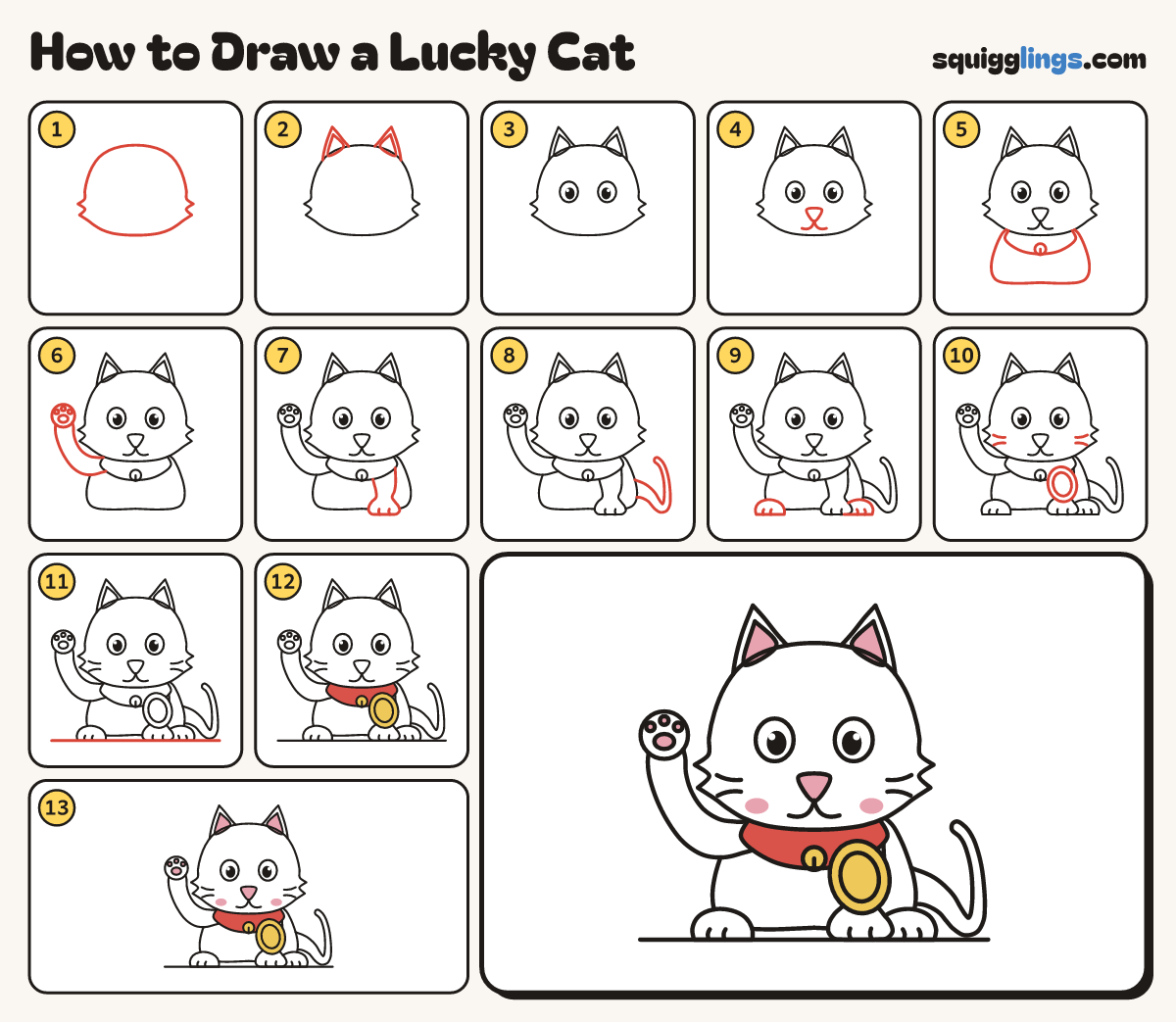 How to Draw a Lucky Cat step by step: all 13 steps in one picture