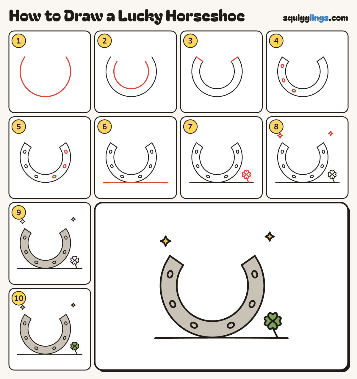 How to Draw a Lucky Horseshoe step by step: all 10 steps in one picture