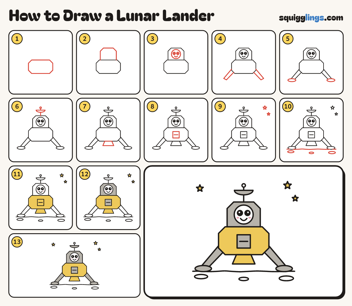 How to Draw a Lunar Lander step by step: all 13 steps in one picture