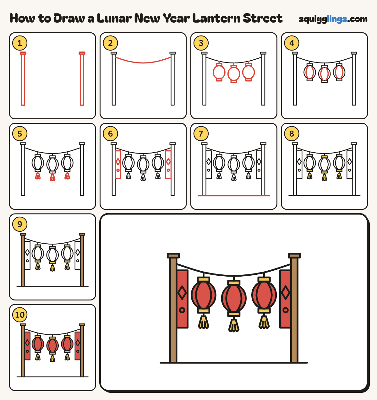 How to Draw a Lunar New Year Lantern Street step by step: all 10 steps in one picture