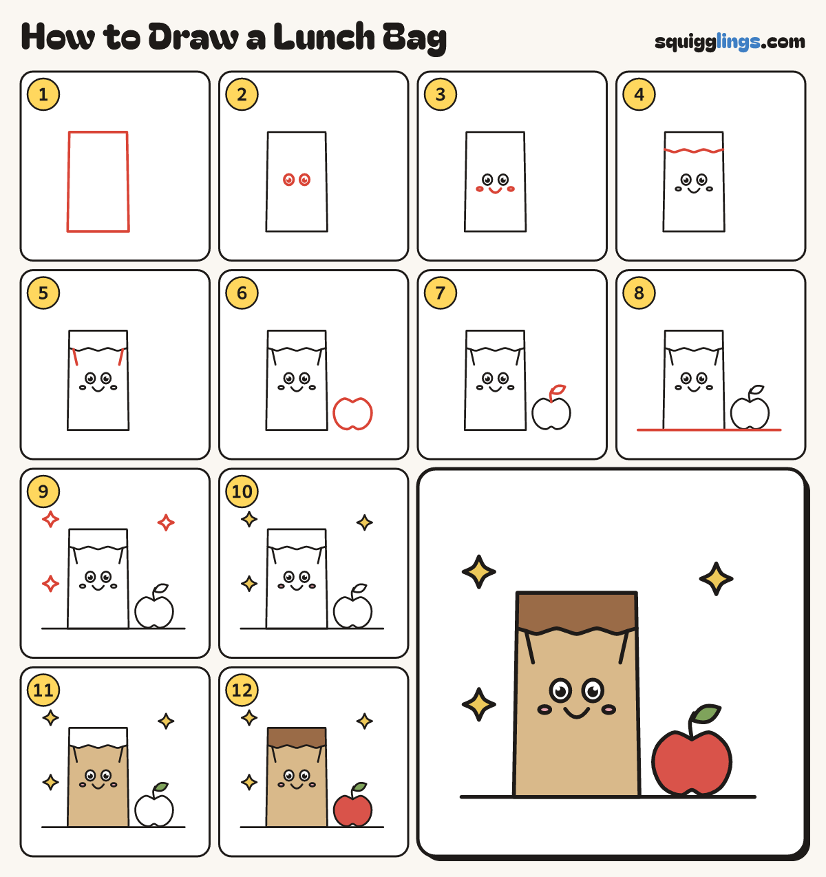 How to Draw a Lunch Bag step by step: all 12 steps in one picture