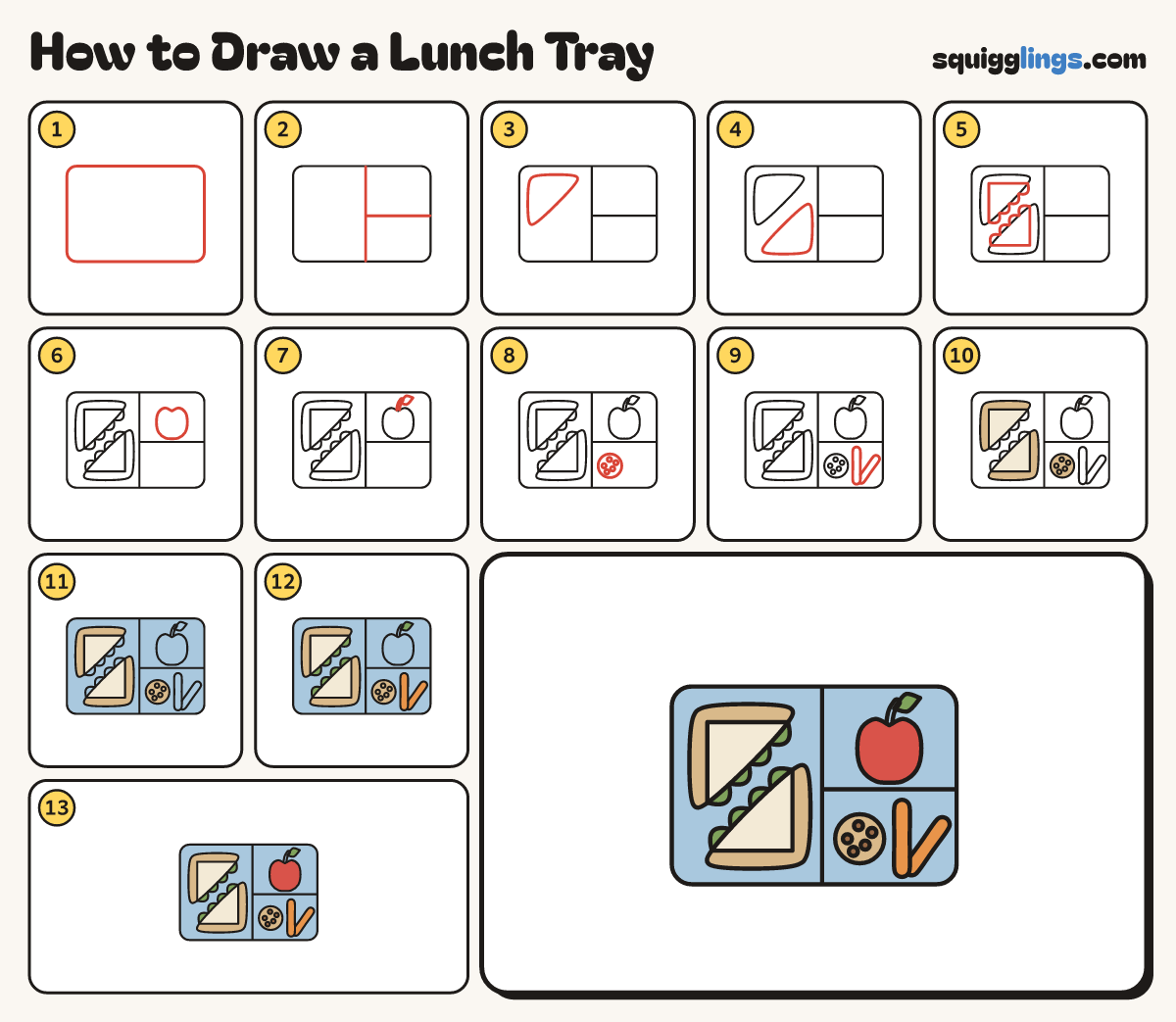 How to Draw a Lunch Tray step by step: all 13 steps in one picture