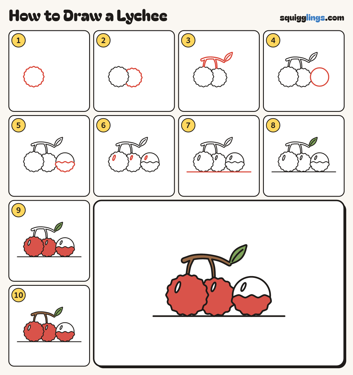 How to Draw a Lychee step by step: all 10 steps in one picture