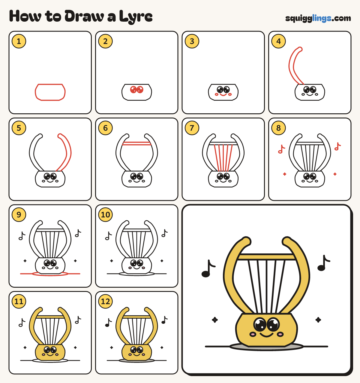 How to Draw a Lyre step by step: all 12 steps in one picture