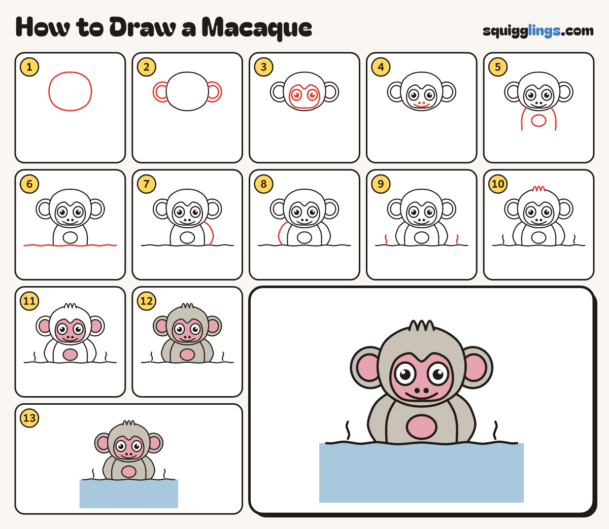 How to Draw a Macaque step by step: all 13 steps in one picture