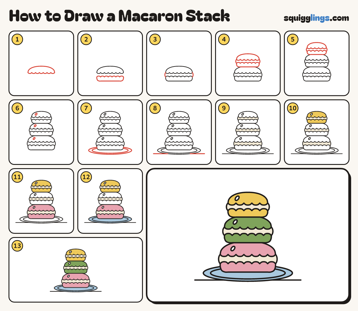 How to Draw a Macaron Stack step by step: all 13 steps in one picture