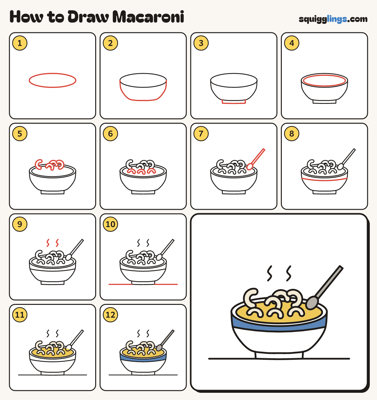 How to Draw Macaroni step by step: all 12 steps in one picture
