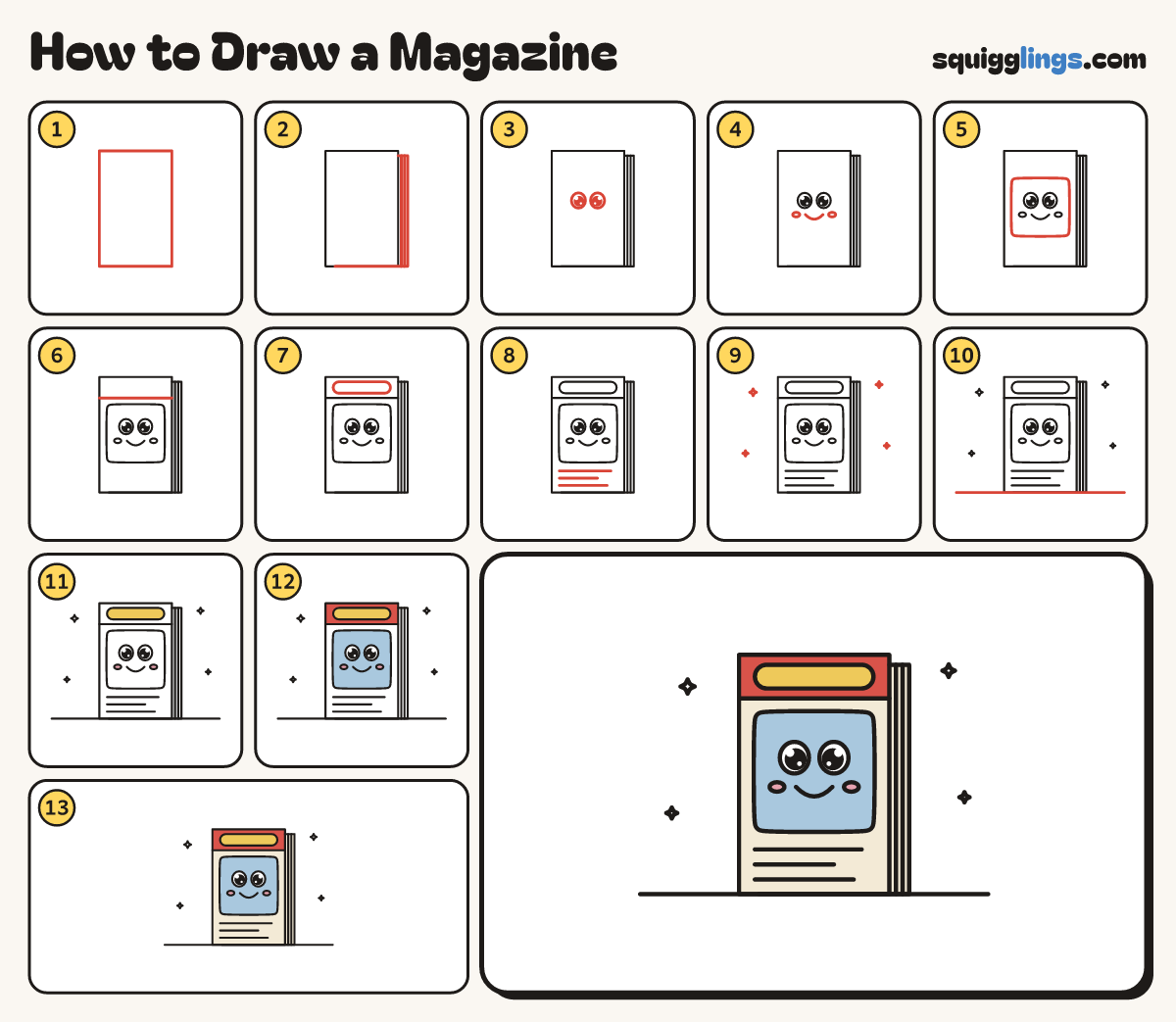 How to Draw a Magazine step by step: all 13 steps in one picture