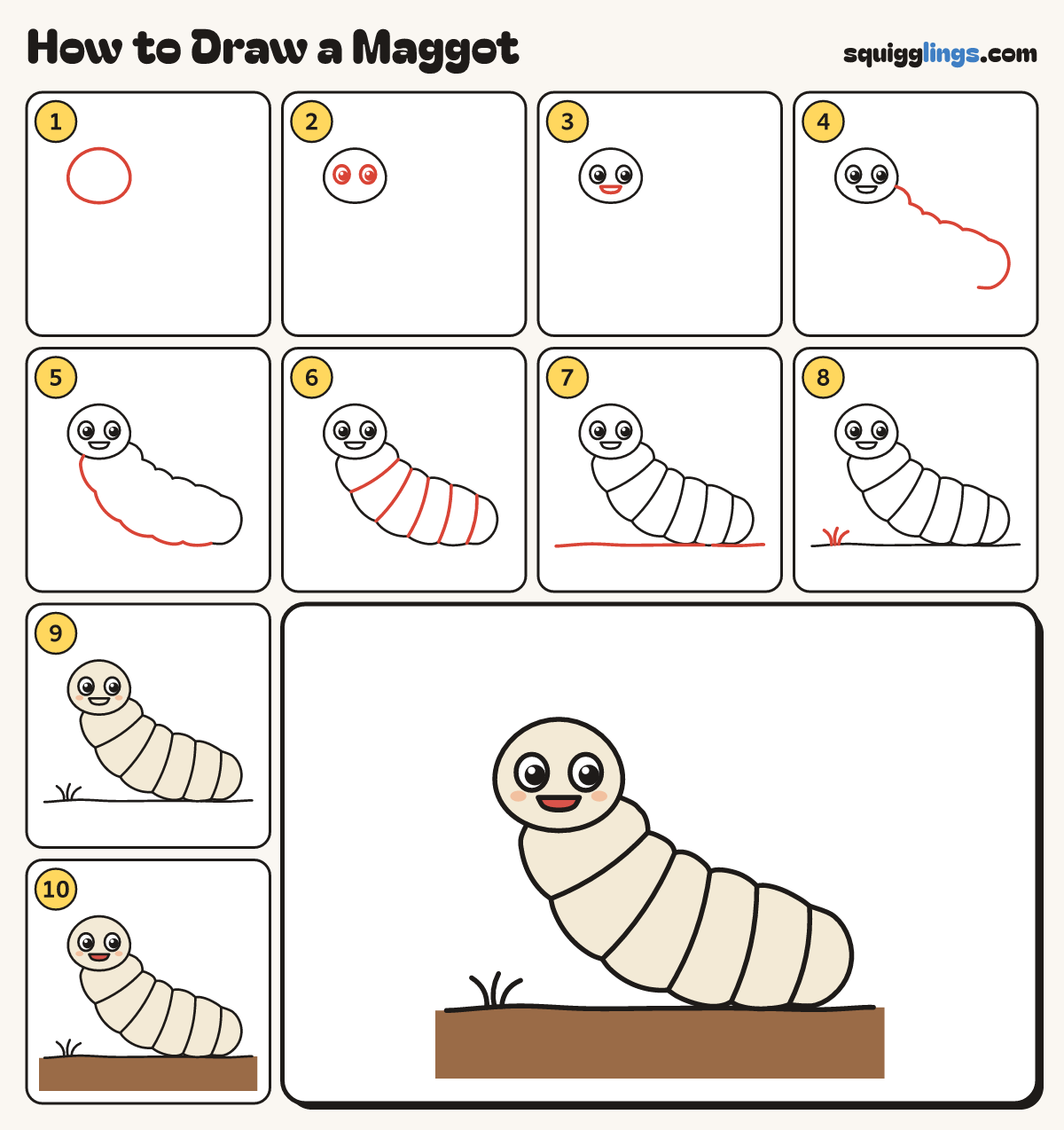 How to Draw a Maggot step by step: all 10 steps in one picture