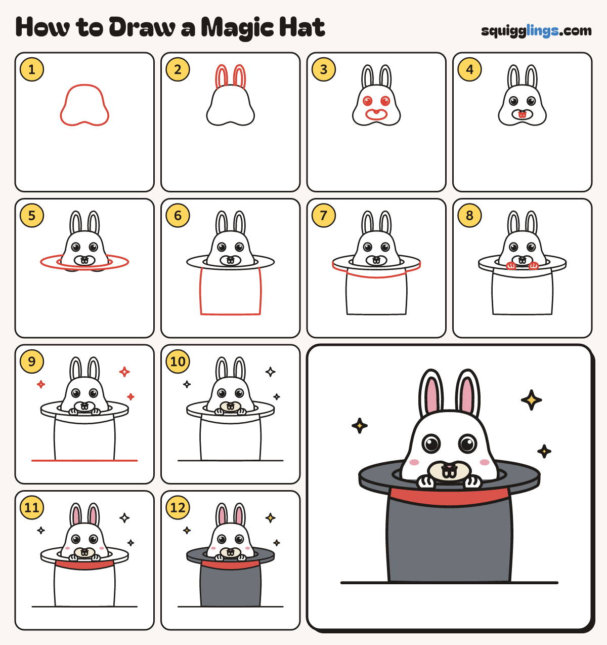 How to Draw a Magic Hat step by step: all 12 steps in one picture