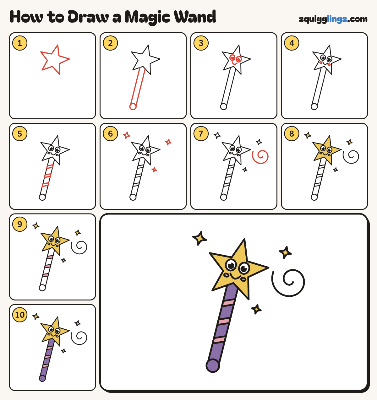 How to Draw a Magic Wand step by step: all 10 steps in one picture