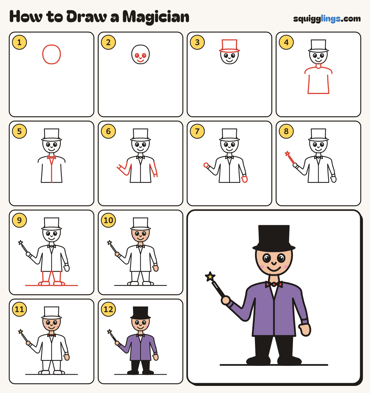 How to Draw a Magician step by step: all 12 steps in one picture