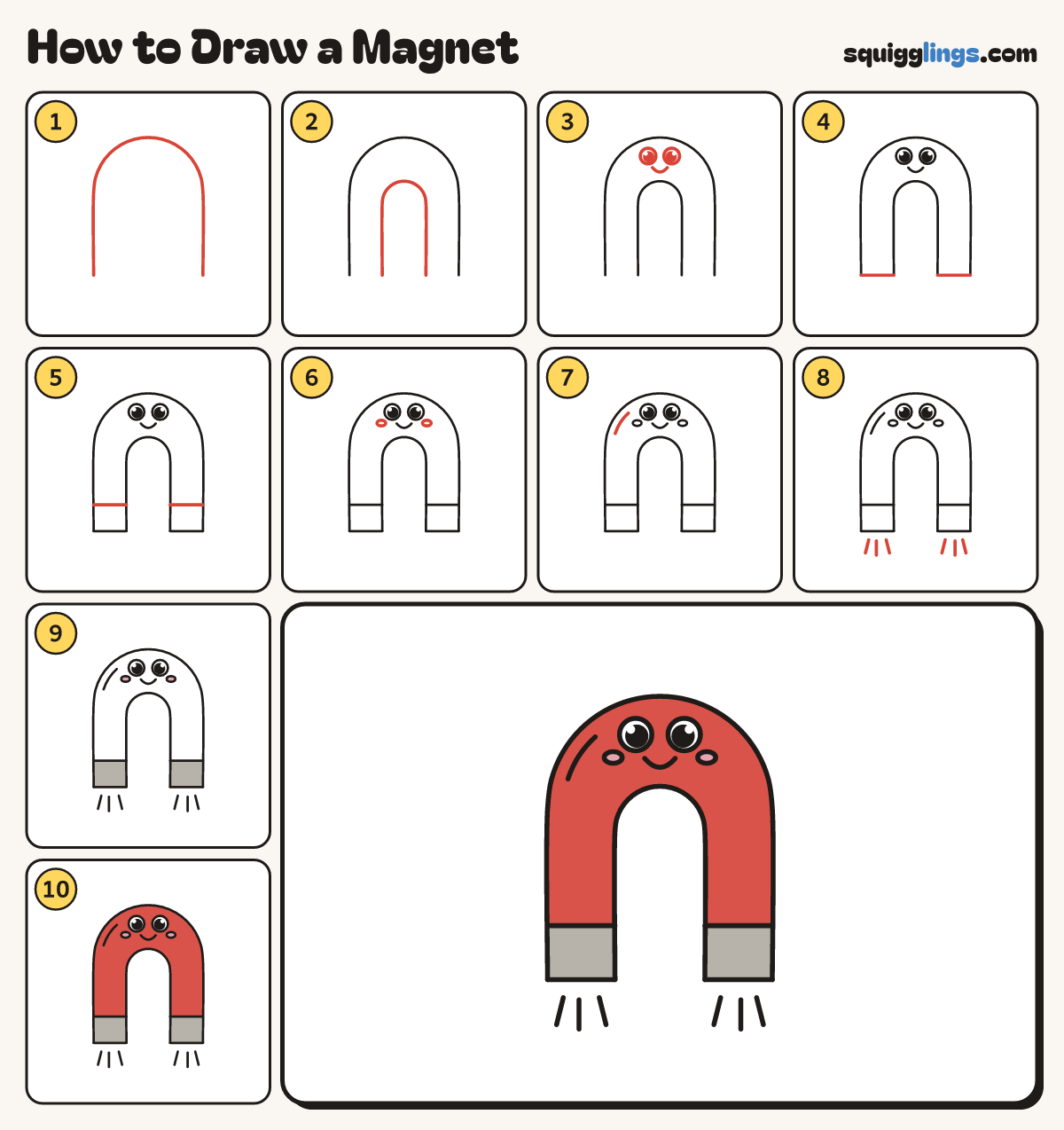 How to Draw a Magnet step by step: all 10 steps in one picture