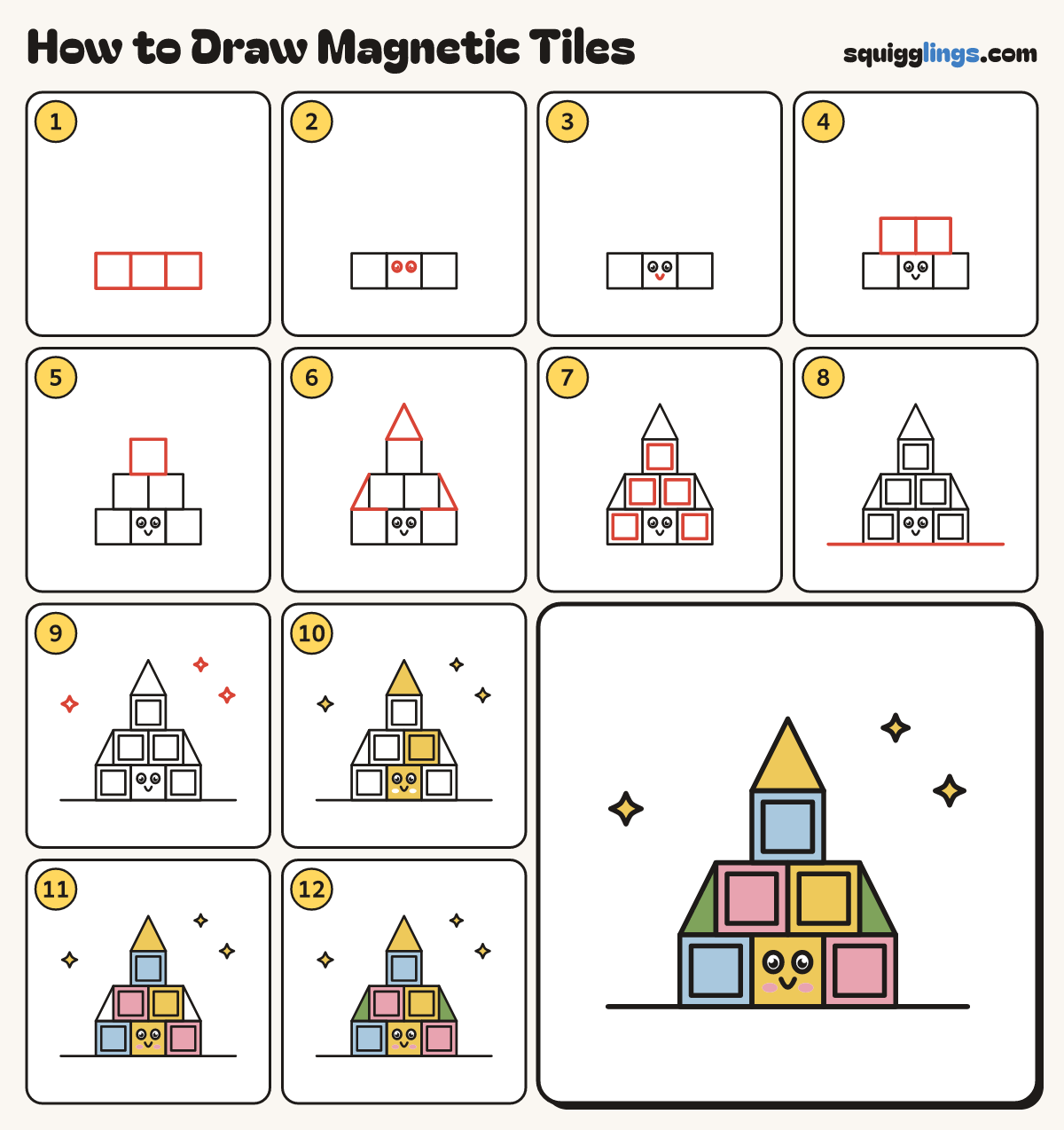 How to Draw Magnetic Tiles step by step: all 12 steps in one picture