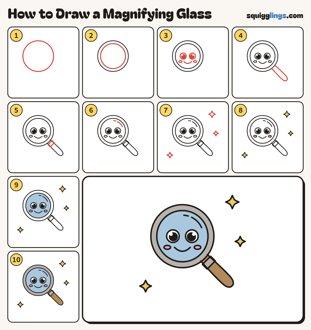 How to Draw a Magnifying Glass step by step: all 10 steps in one picture