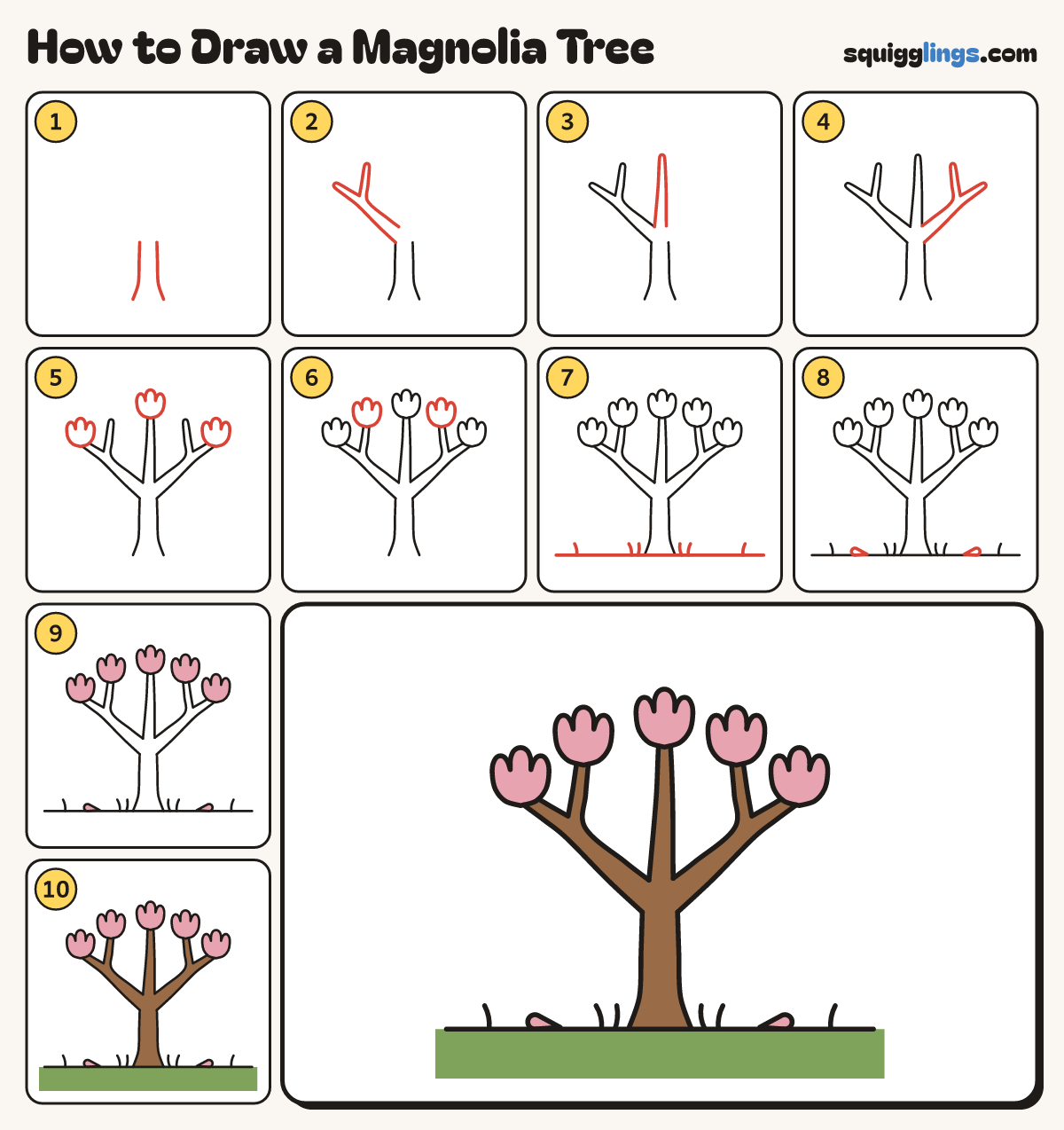 How to Draw a Magnolia Tree step by step: all 10 steps in one picture