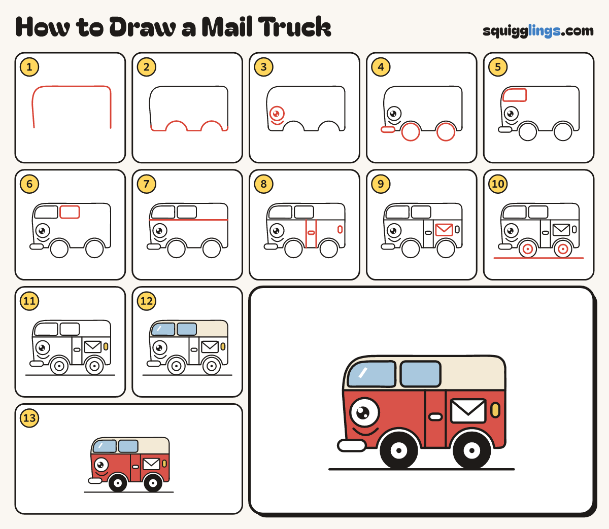 How to Draw a Mail Truck step by step: all 13 steps in one picture
