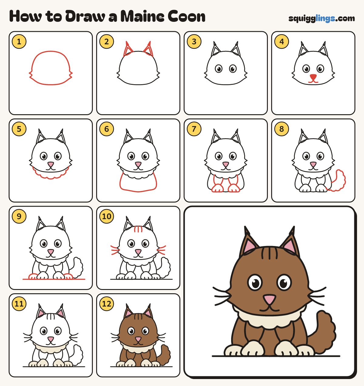 How to Draw a Maine Coon step by step: all 12 steps in one picture