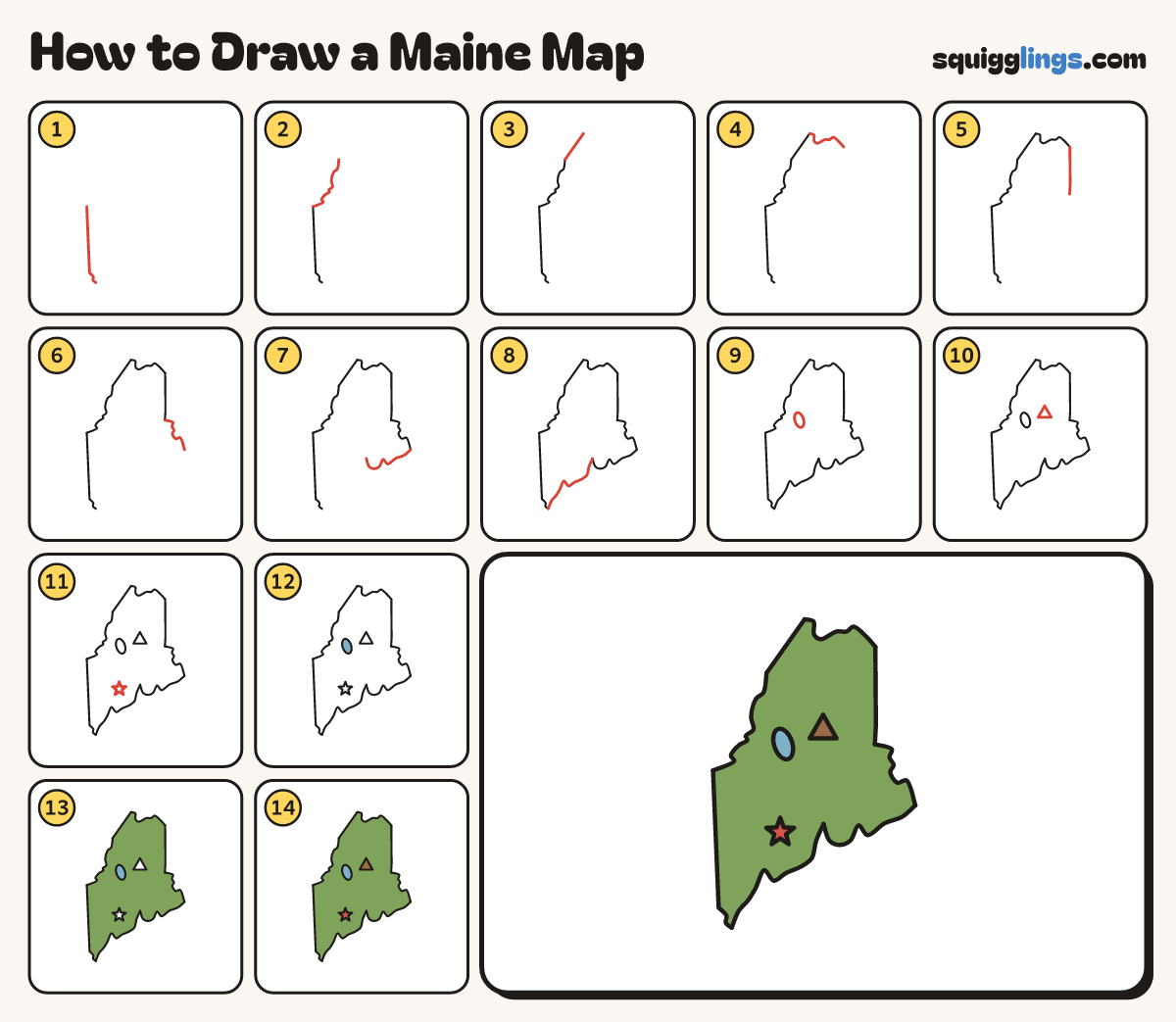 How to Draw a Maine Map step by step: all 14 steps in one picture