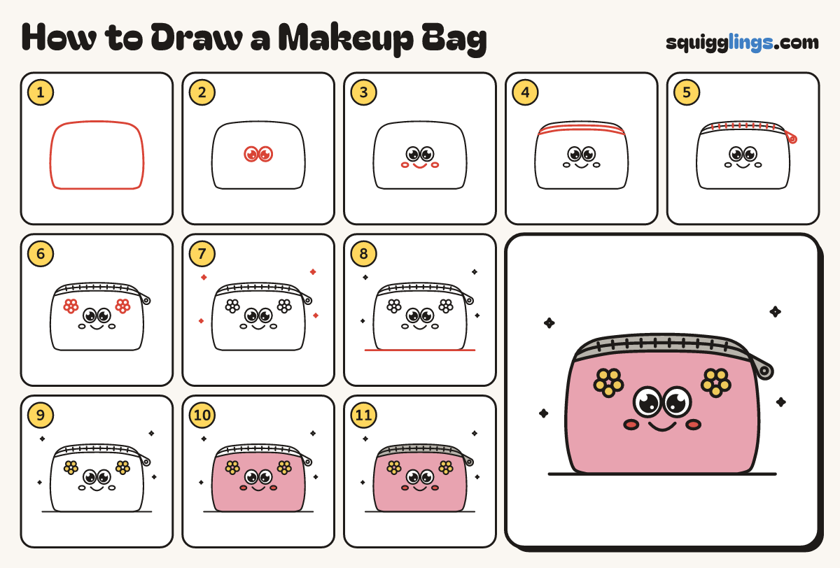 How to Draw a Makeup Bag step by step: all 11 steps in one picture