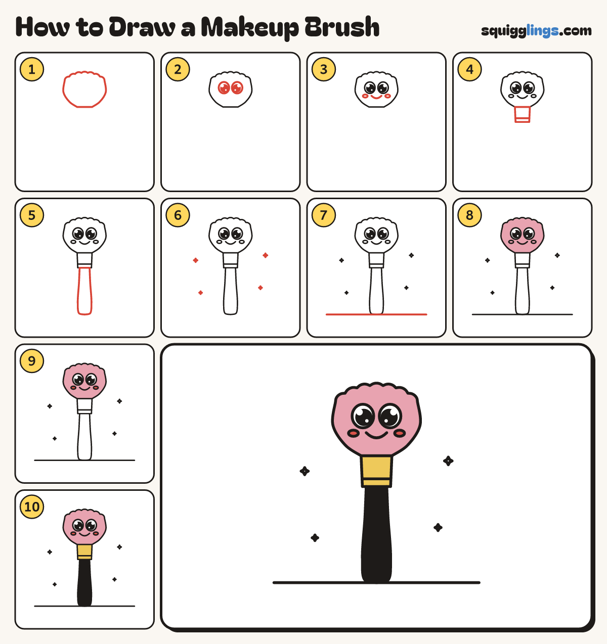 How to Draw a Makeup Brush step by step: all 10 steps in one picture