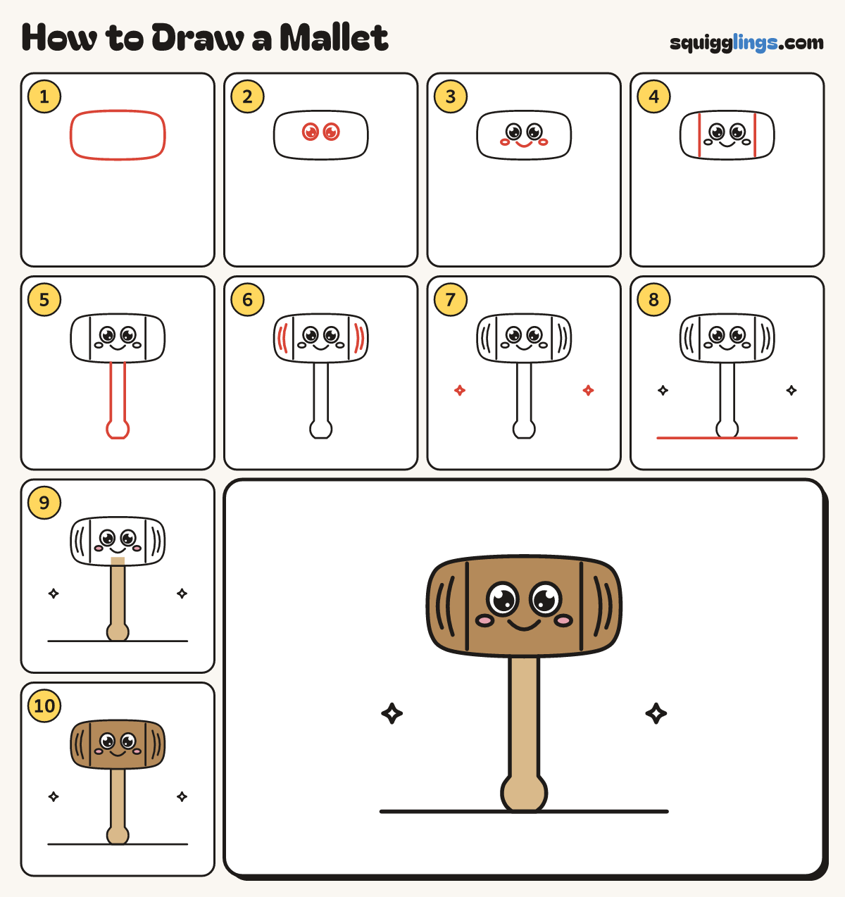 How to Draw a Mallet step by step: all 10 steps in one picture