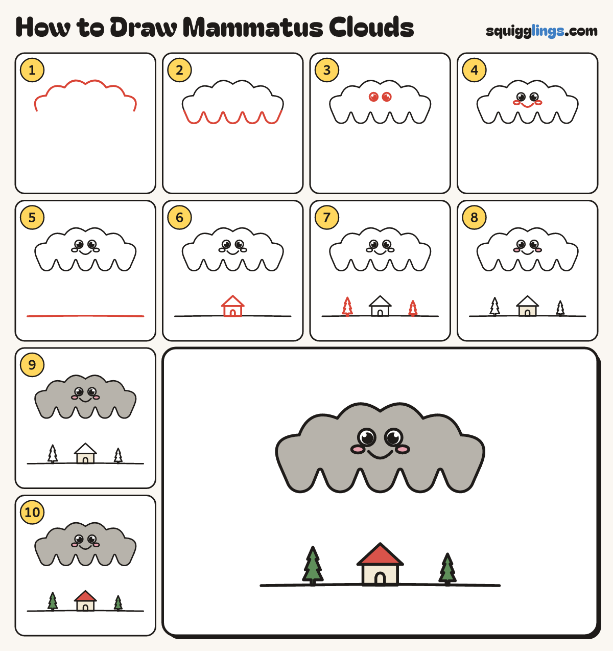 How to Draw Mammatus Clouds step by step: all 10 steps in one picture