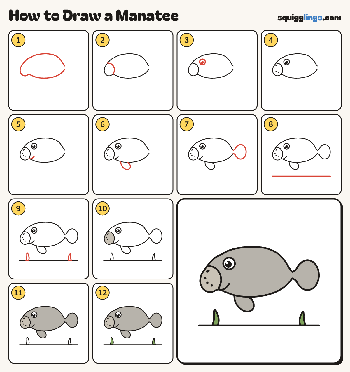 How to Draw a Manatee step by step: all 12 steps in one picture
