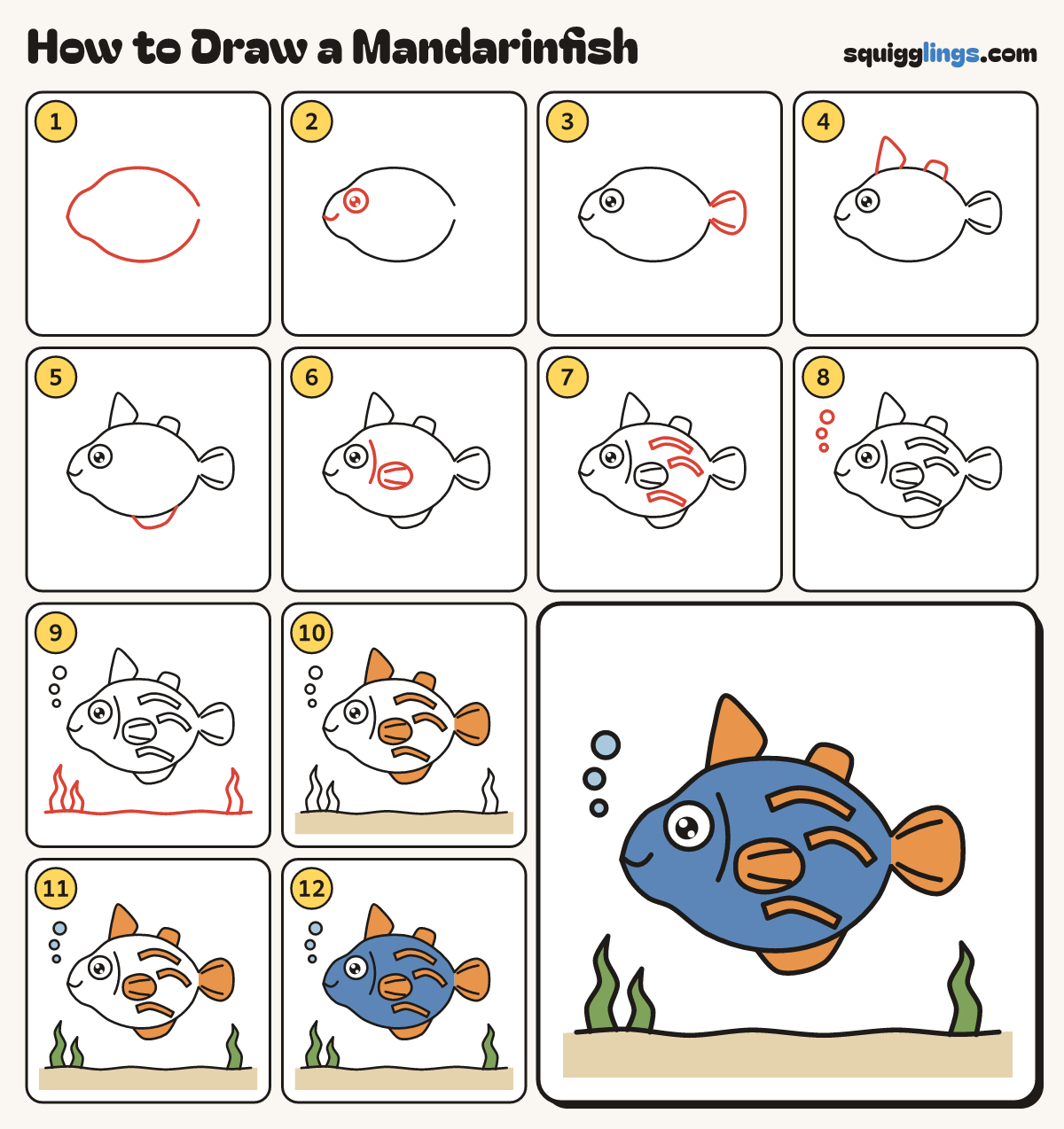How to Draw a Mandarinfish step by step: all 12 steps in one picture