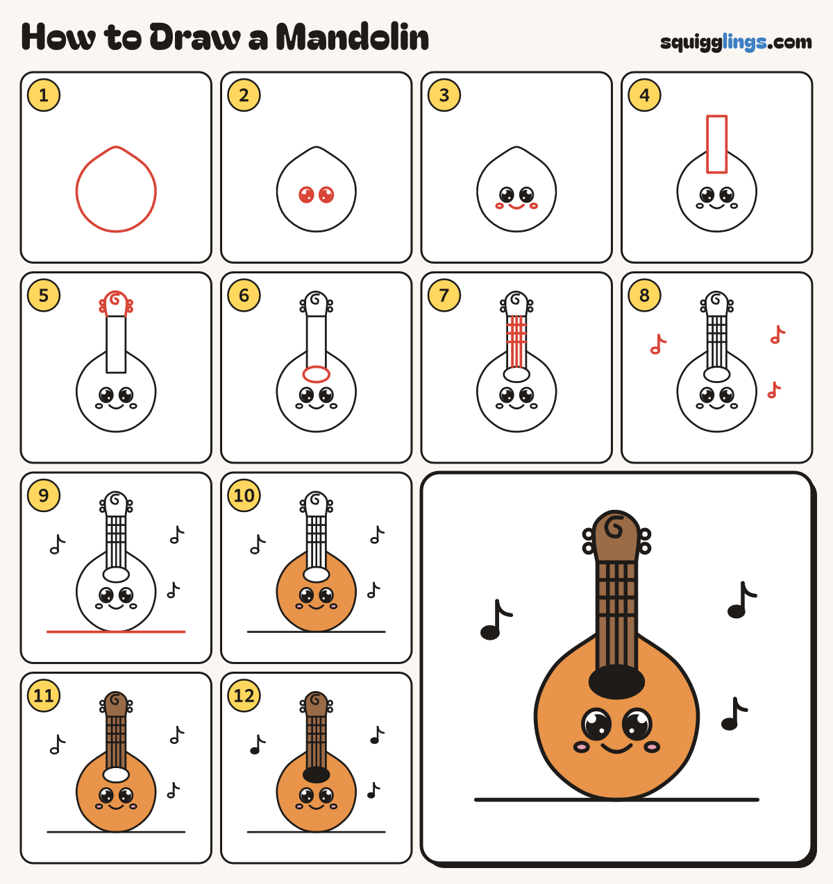 How to Draw a Mandolin step by step: all 12 steps in one picture