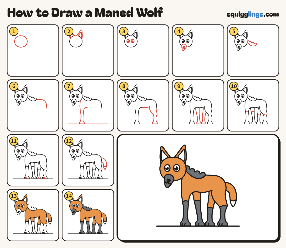 How to Draw a Maned Wolf step by step: all 14 steps in one picture