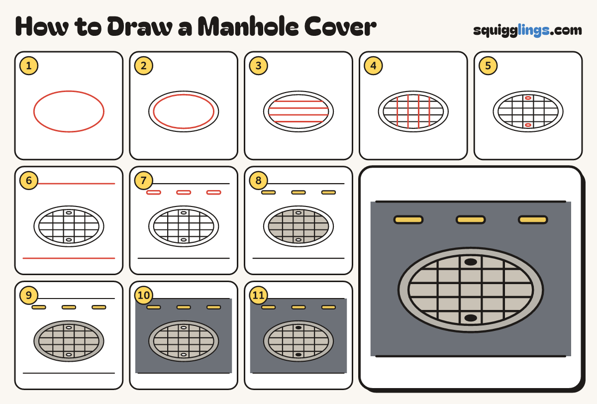 How to Draw a Manhole Cover step by step: all 11 steps in one picture