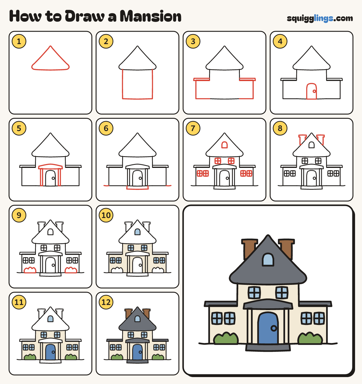 How to Draw a Mansion step by step: all 12 steps in one picture