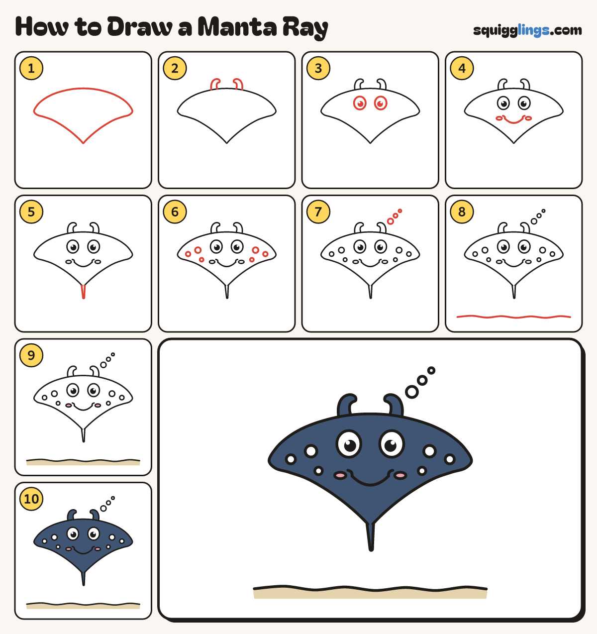 How to Draw a Manta Ray step by step: all 10 steps in one picture