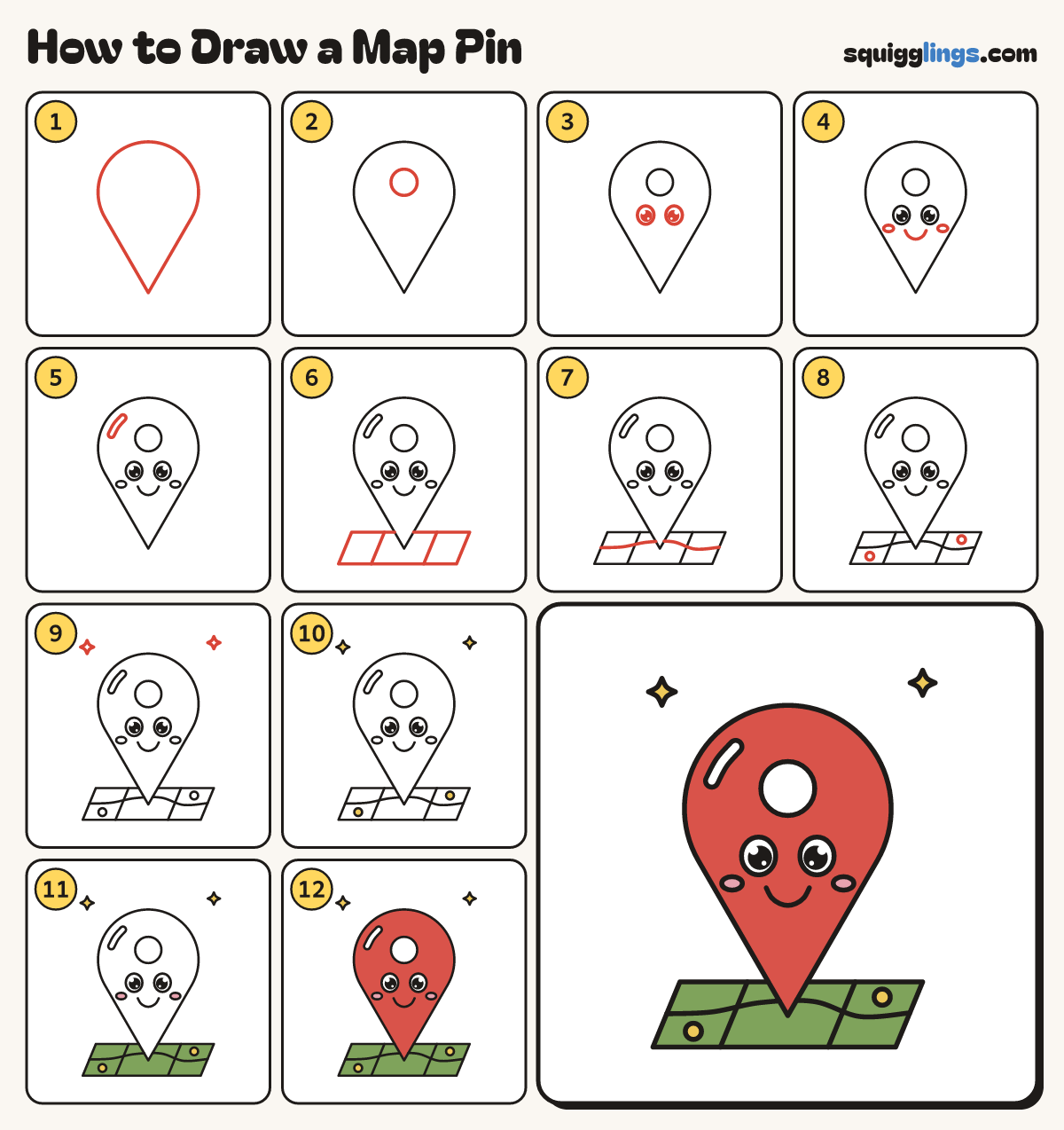 How to Draw a Map Pin step by step: all 12 steps in one picture