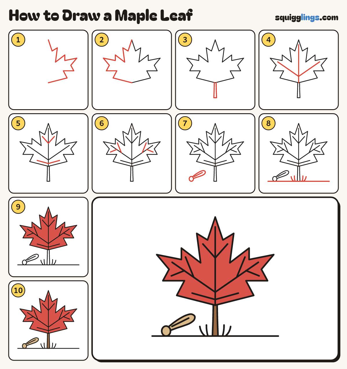 How to Draw a Maple Leaf step by step: all 10 steps in one picture