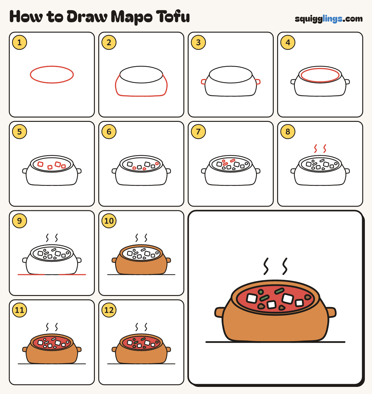 How to Draw Mapo Tofu step by step: all 12 steps in one picture